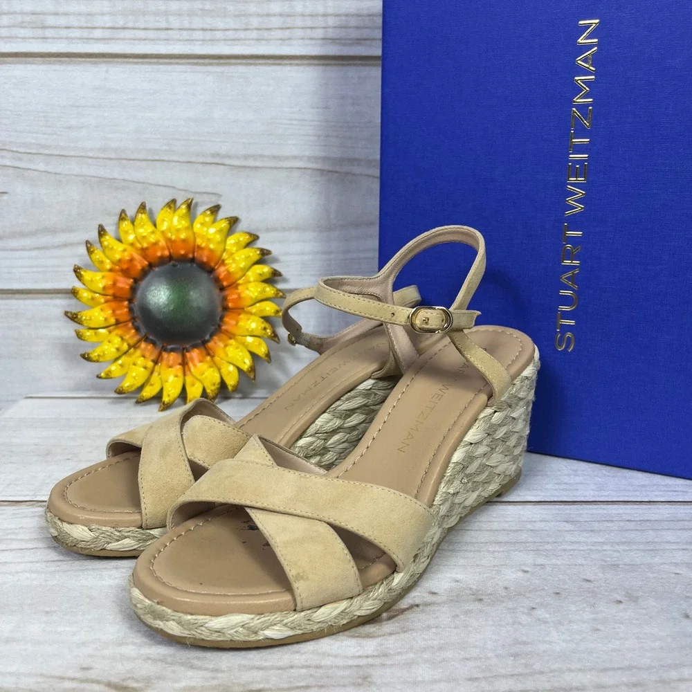 Stuart Weitzman Dayna Espadrille Wedge Sandals Adobe Suede 7B 37.5
